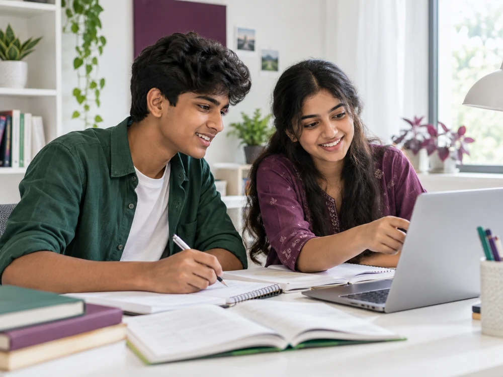 Two students learning together with notebooks and a laptop